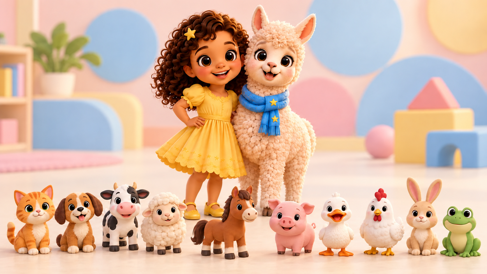 Lumi and Lala with toy animals: a cat, dog, cow, sheep, horse, pig, duck, chicken, rabbit and frog.