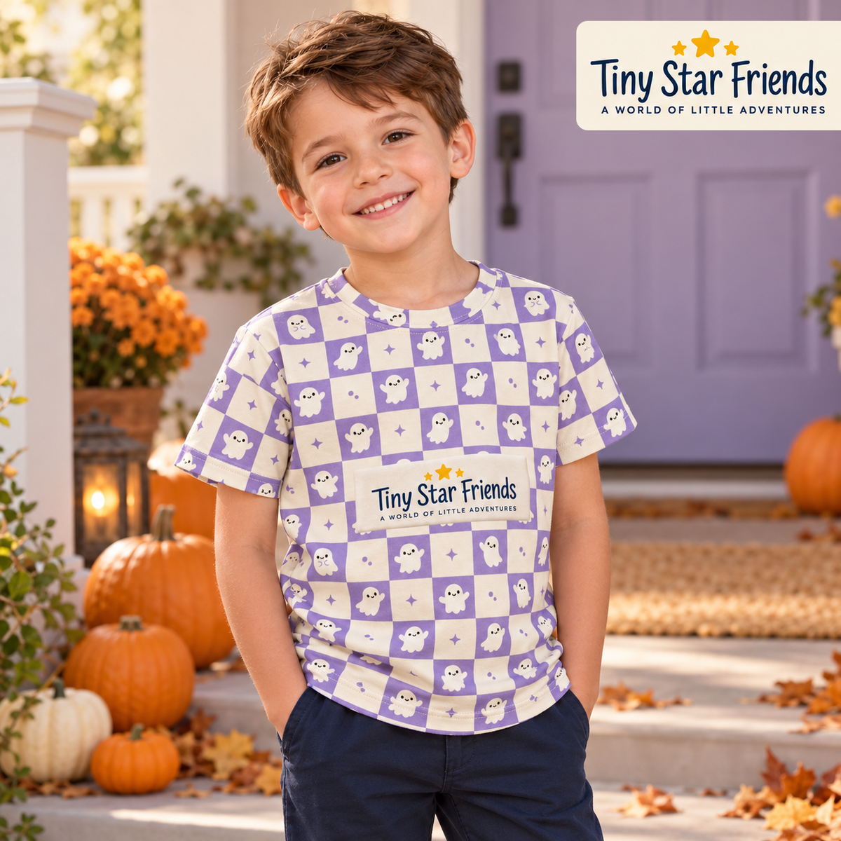 Friendly Ghost Halloween Kids All-Over Print T-Shirt | Tiny Star Friends™