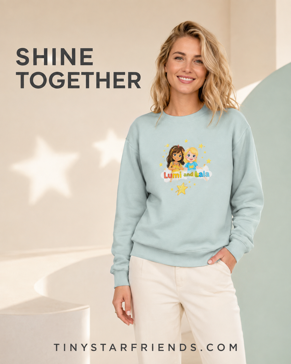 Samen Stralen premium unisex sweater met Lumi & Lala | Tiny Star Friends™