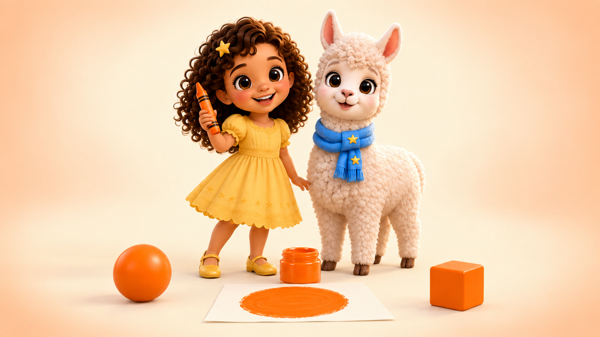 Lumi and Lala discover orange with a orange crayon, ball, paint and cube.