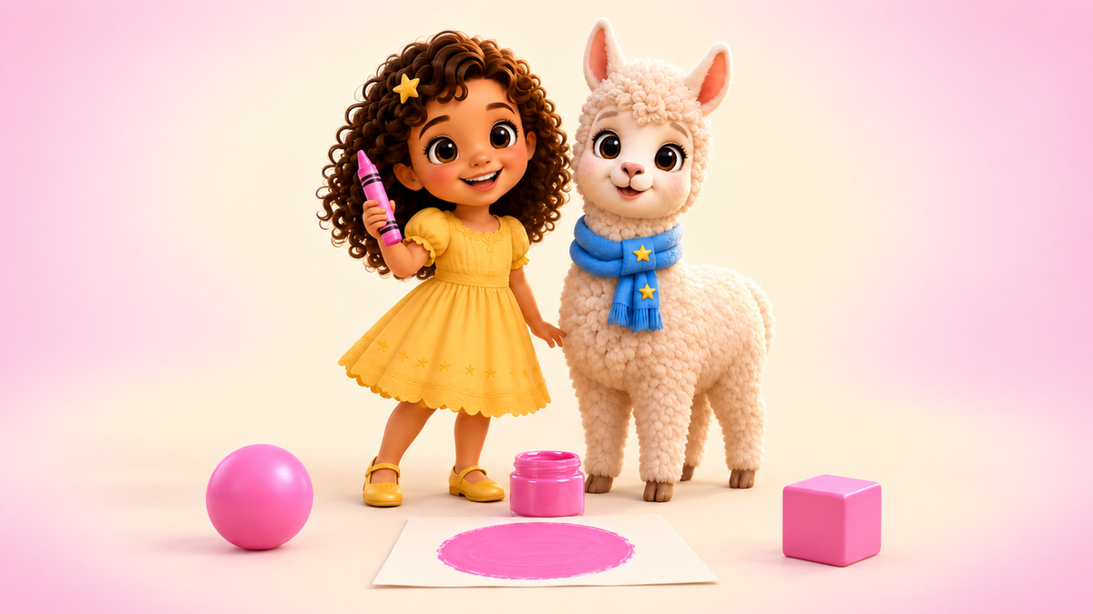 Lumi and Lala discover pink with a pink crayon, ball, paint and cube.