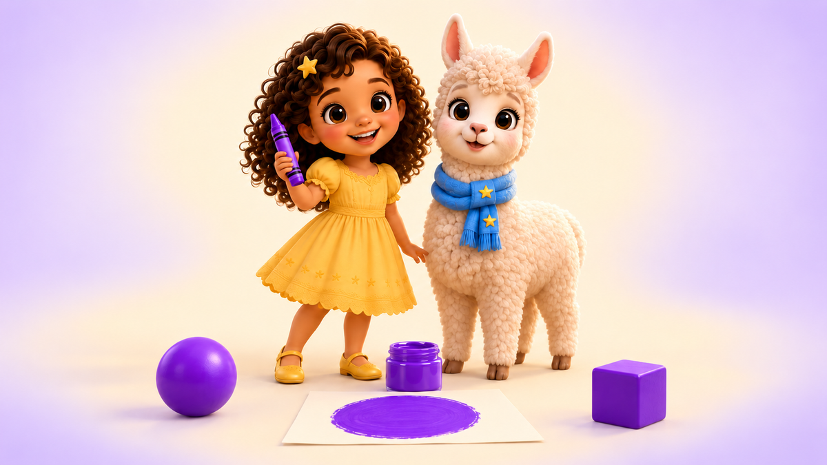 Lumi and Lala discover purple with a purple crayon, ball, paint and cube.