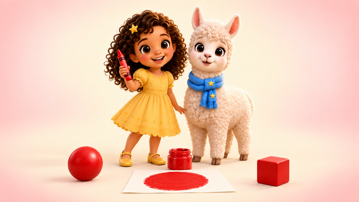 Lumi and Lala discover red with a red crayon, ball, paint and cube.