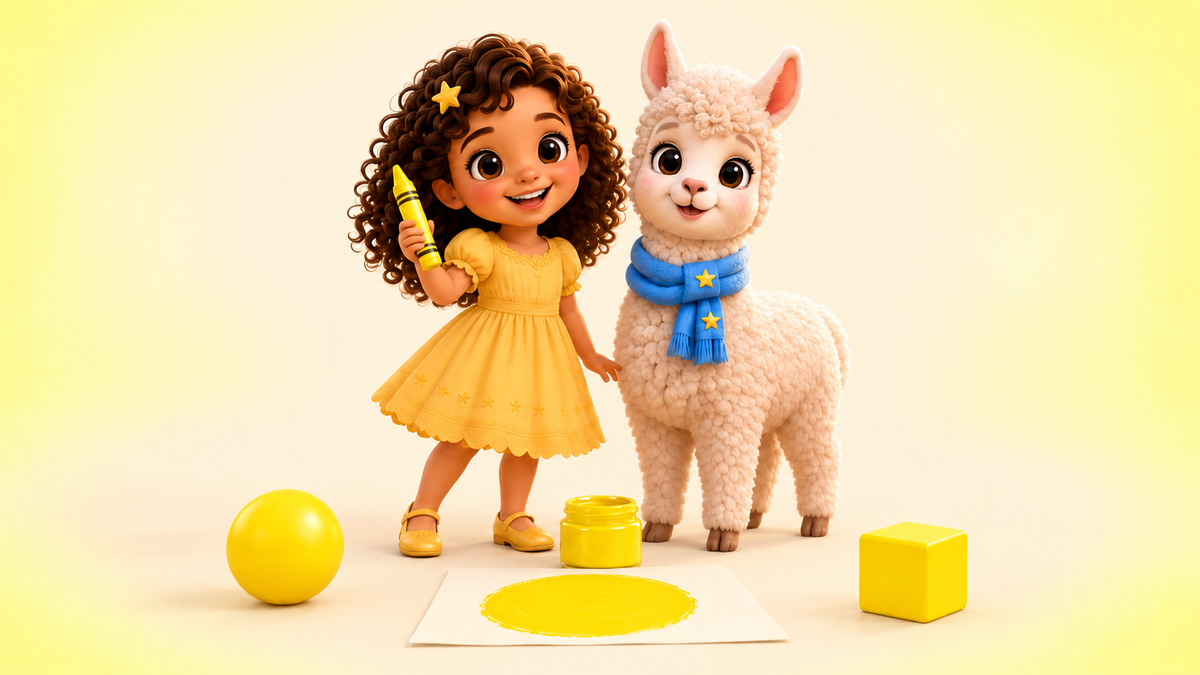 Lumi and Lala discover yellow with a yellow crayon, ball, paint and cube.